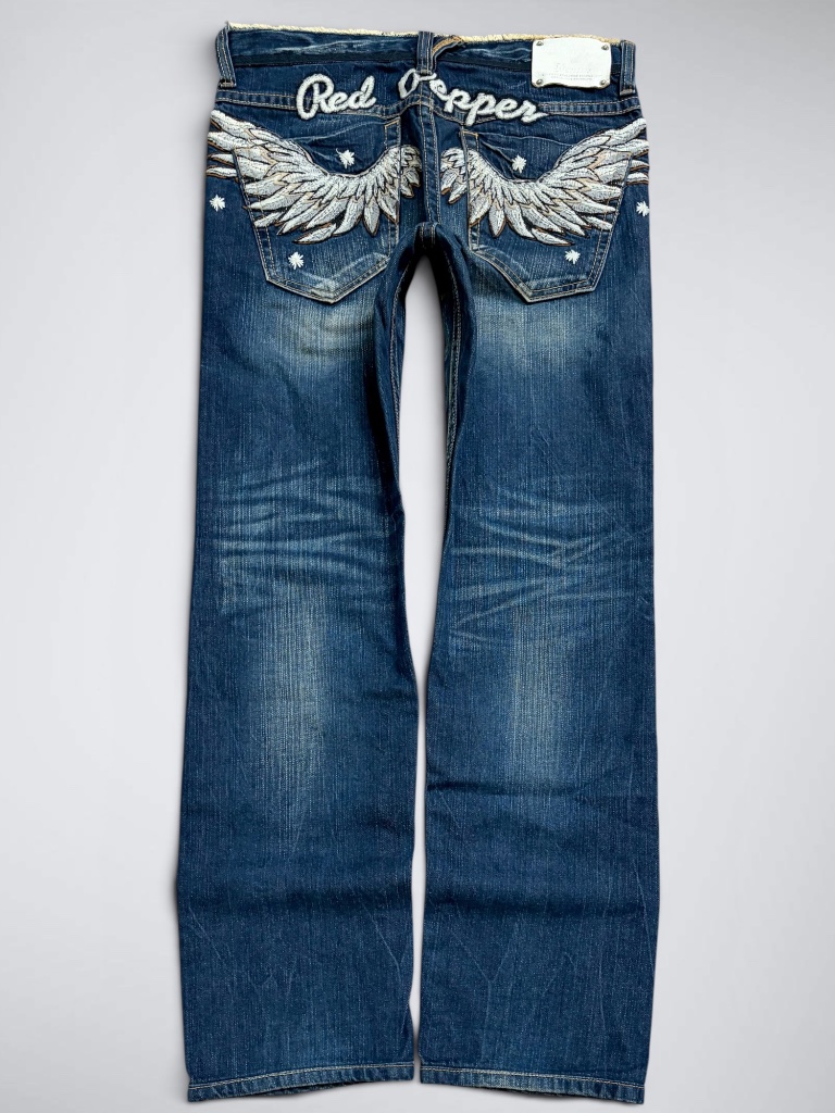 Vtg Archival Red Pepper Angel Wings Embroidered Drop Rise Straight Jeans